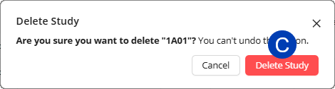 Confirmation dialog asking to delete study "A001" with options to cancel or proceed.